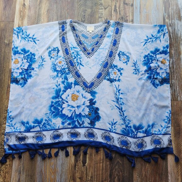 ASA Kaftans Beaded Jewel Caftan Top Tassel-Hem V-Neck Chiffon Blue White - Picture 8 of 12